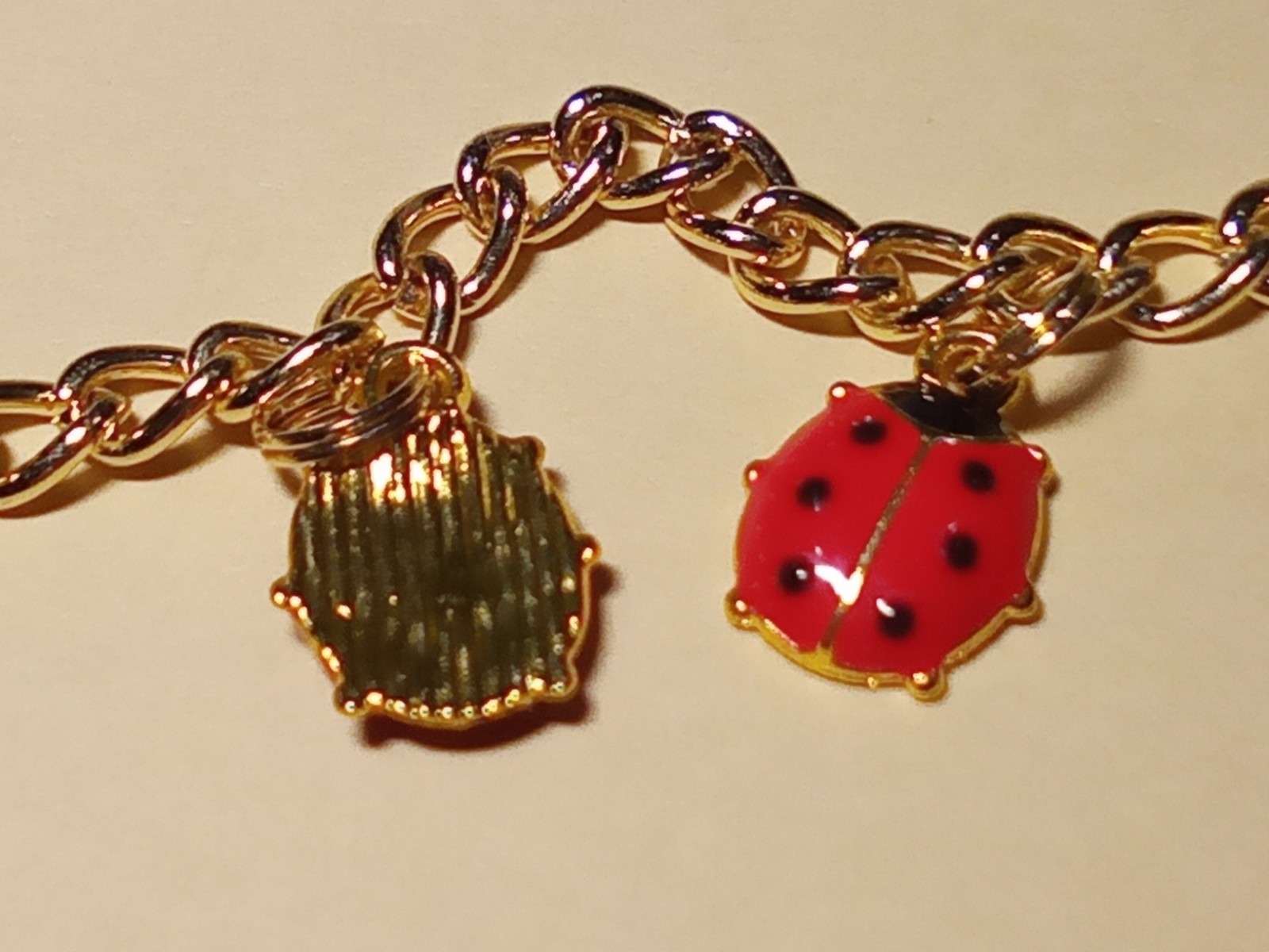 Ladybug Bracelet Gold tone chain 5 red black enamel charms ext chain Summer CUTE