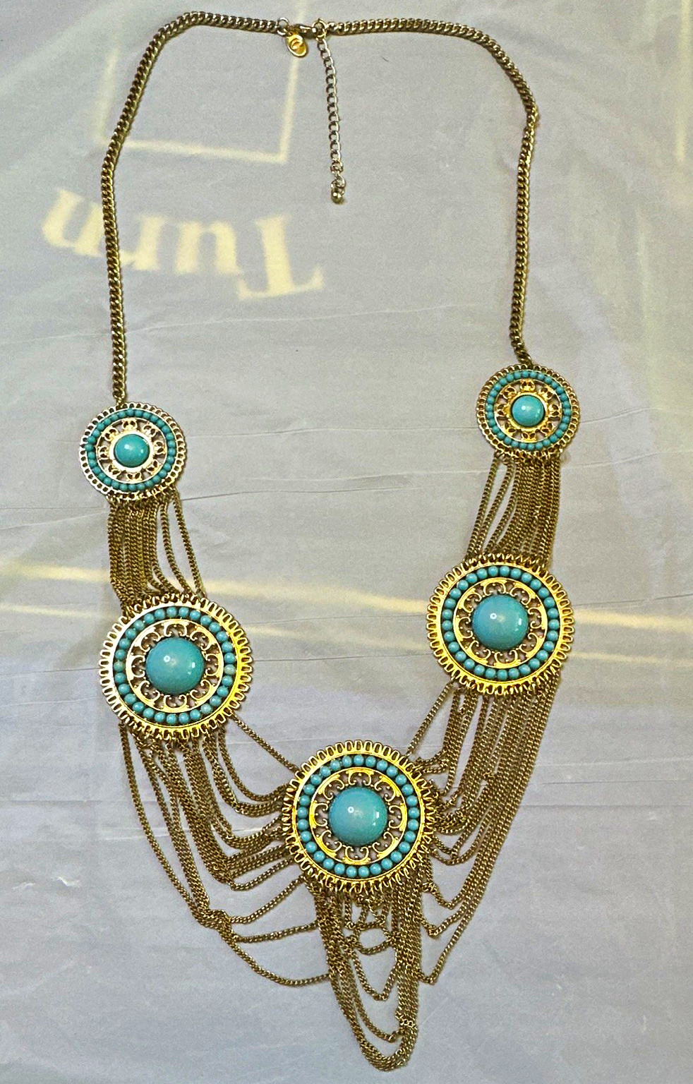 Gold Tone Layered Statement Necklace Faux Turquise Round Disc western