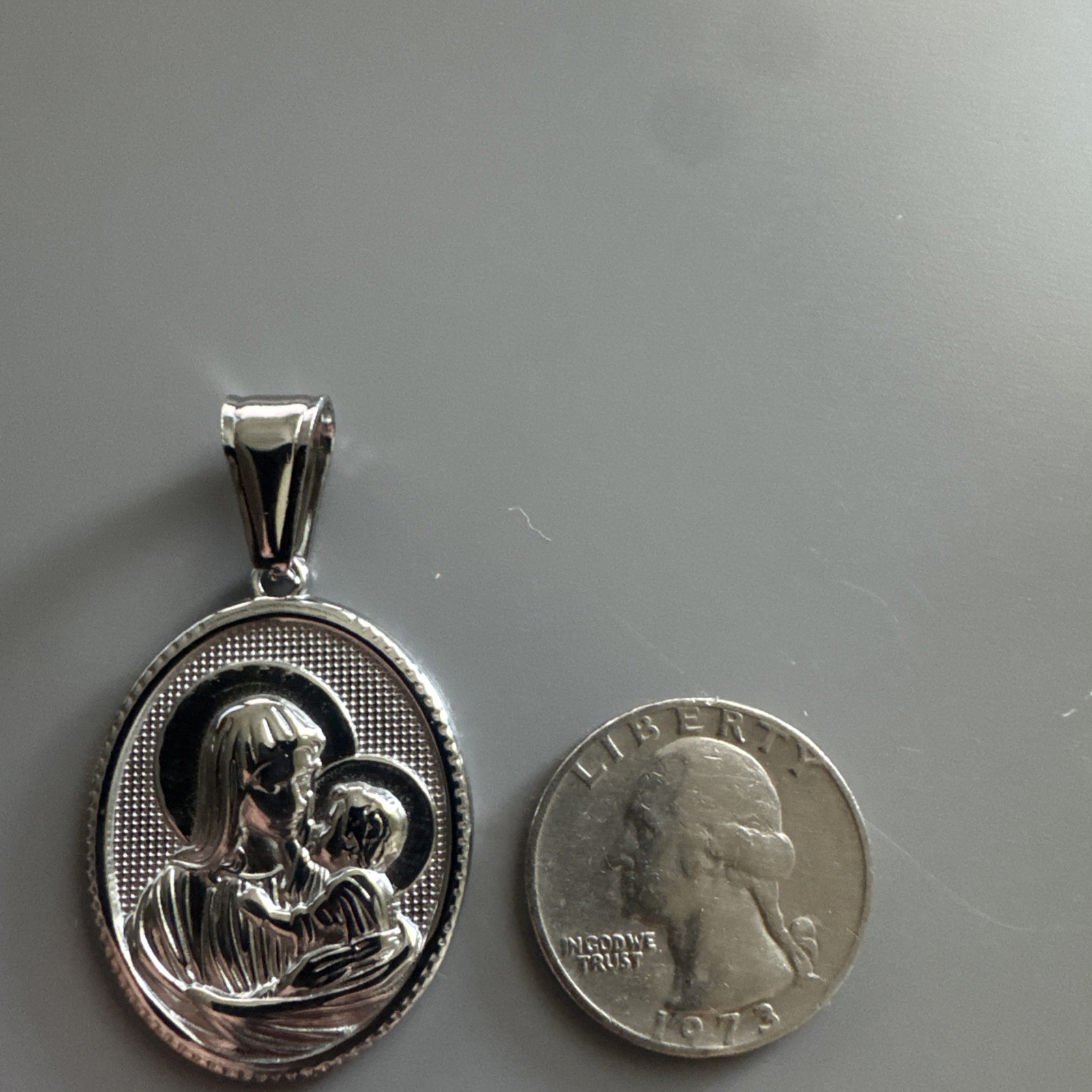 Virgin Mary Madonna Child Jesus Oval 24” Religious Medal Pendant Stainless