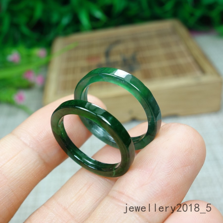 2Pcs Certified Green 100% Natural A jadeite Jade Ring 细条 戒指 指环 USA.6.5#-7.5#