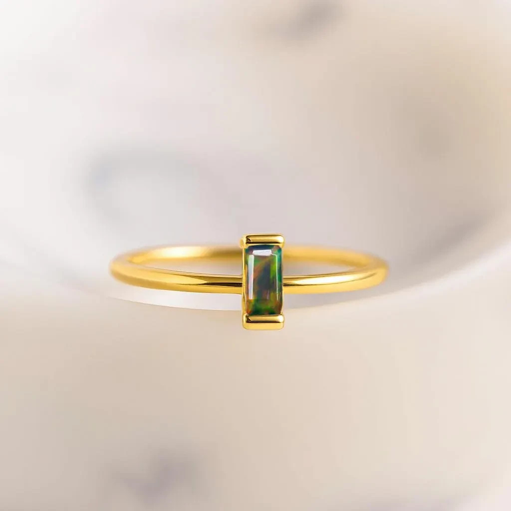 Fire Black Opal Baguette Gemstone Stackable Ring, Natural Fire Opal Gemstone