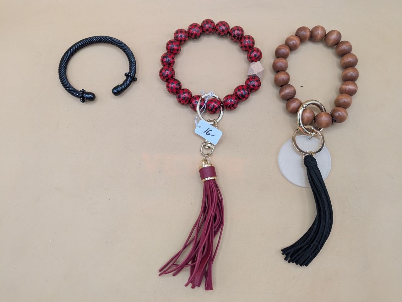 2020s Bracelet Keychain Wristlet Lot 3pc Black Cuff Red Bead Wood Tassel Charm