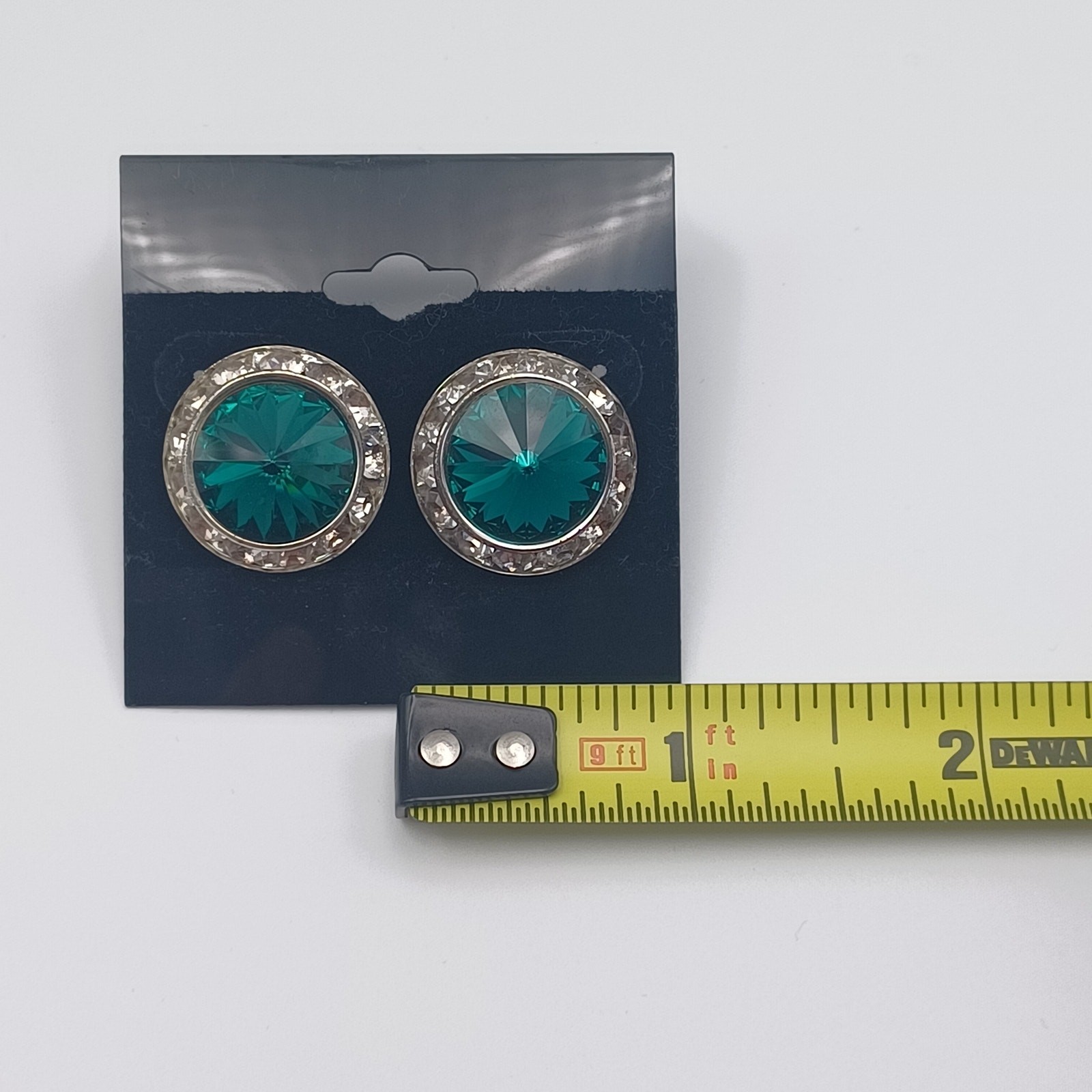 Silver Tone Teal Green Rhinestone Halo Stud Earrings Large Button Cocktail 1”