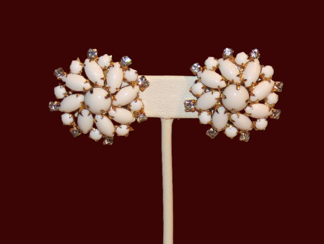 Hobe white milk glass & clear rhinestone earrings; 1 1/4 inch round; vintage