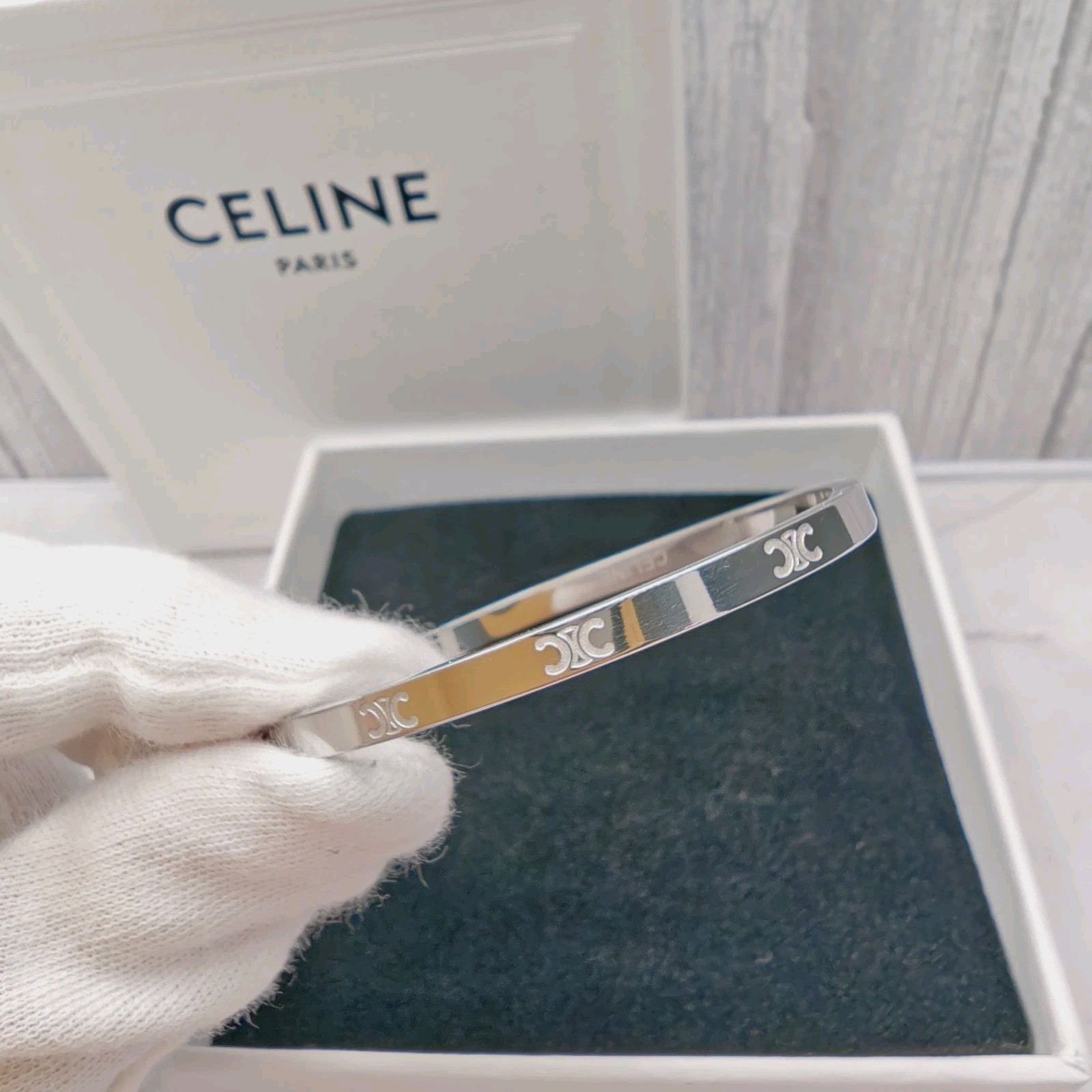 Authentic CELINE Triomphe Silver Tone Bangle Bracelet Cuff Logo w/ Box Dust Bag