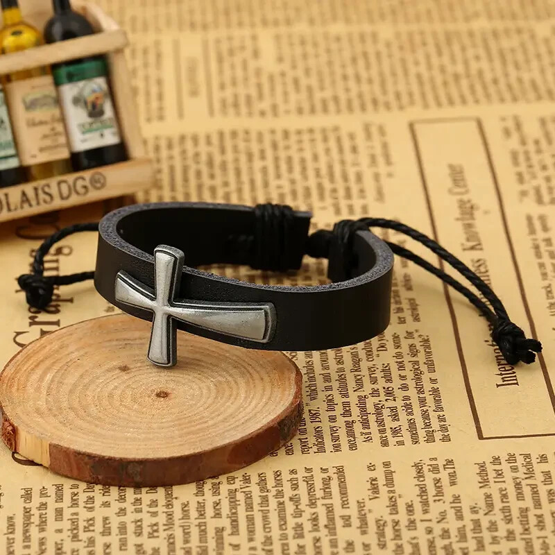 Black Leather Cross Bracelet Stackable Adjustable Tie New Free Ship A1452