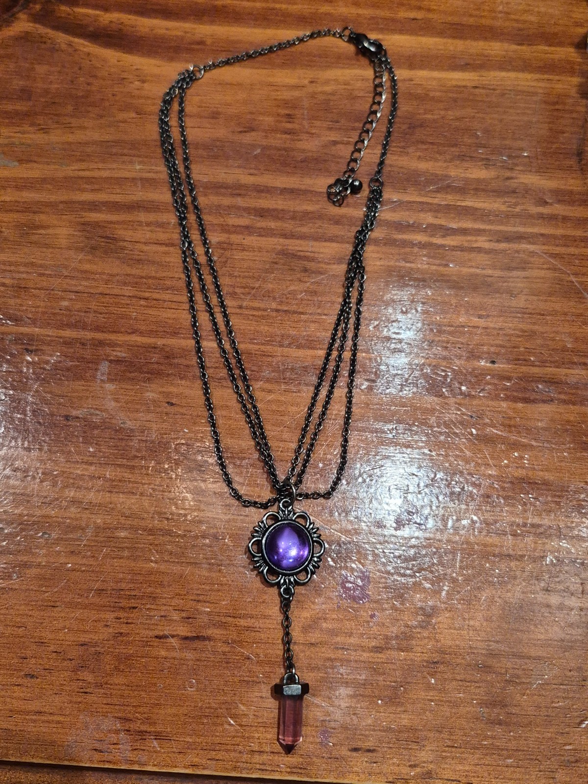 2010s Gothic Black Necklace with Purple Gem and Dangling Purple Crystal