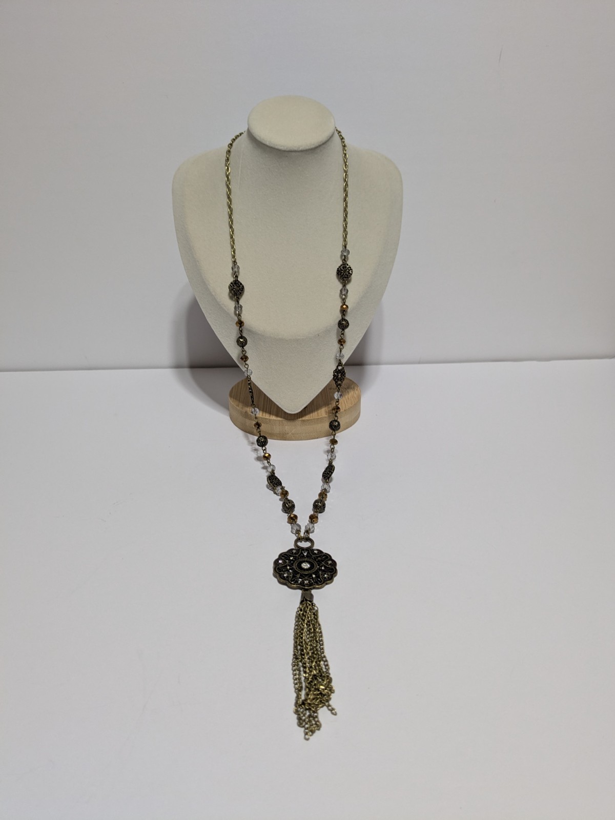 Gold Tone Y Drop Tassel Pendant Necklace With Acrylic Beads & Rhinestones 28″