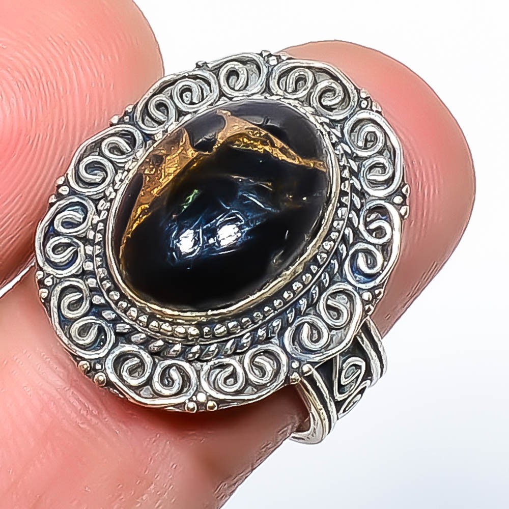 Copper Black Turquoise 925 Silver Plated Fine Art Ring s.7 T39