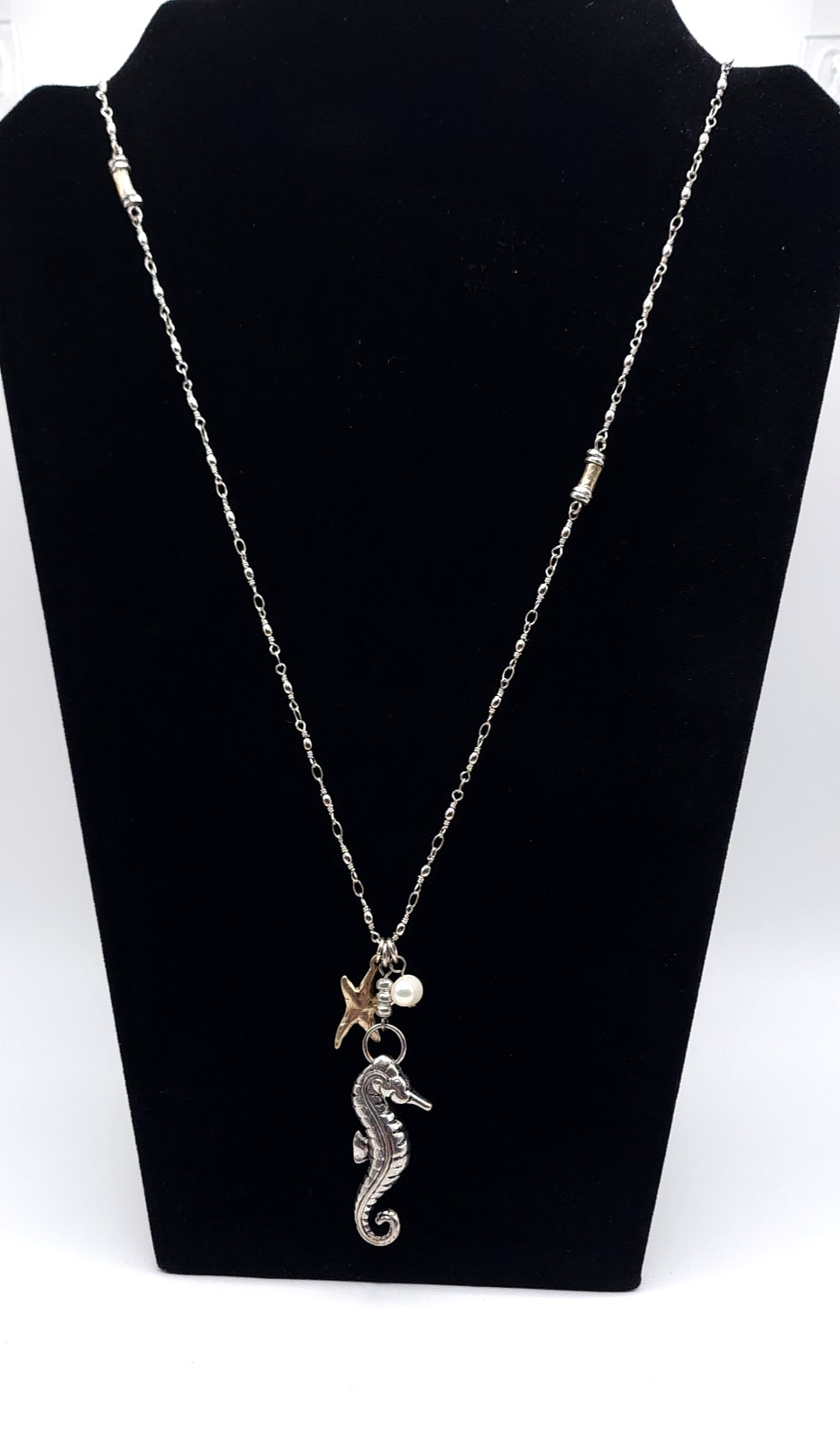 Silver Seahorse Pendant Necklace Starfish Faux Pearl Coastal 32in