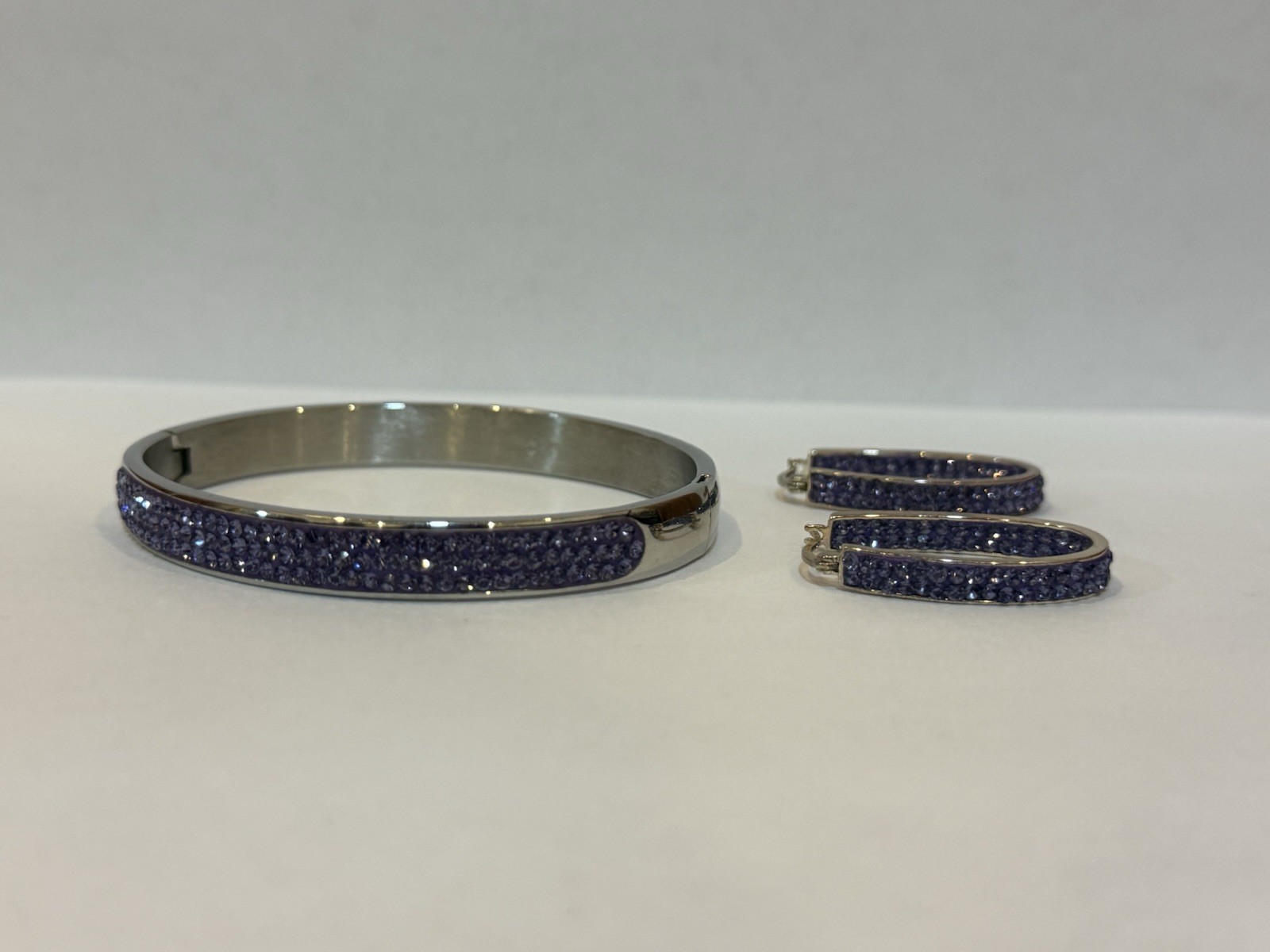JCM Stainless Steel Bracelet W/3 Rows of Purple Rhinestones, Matching Earrings