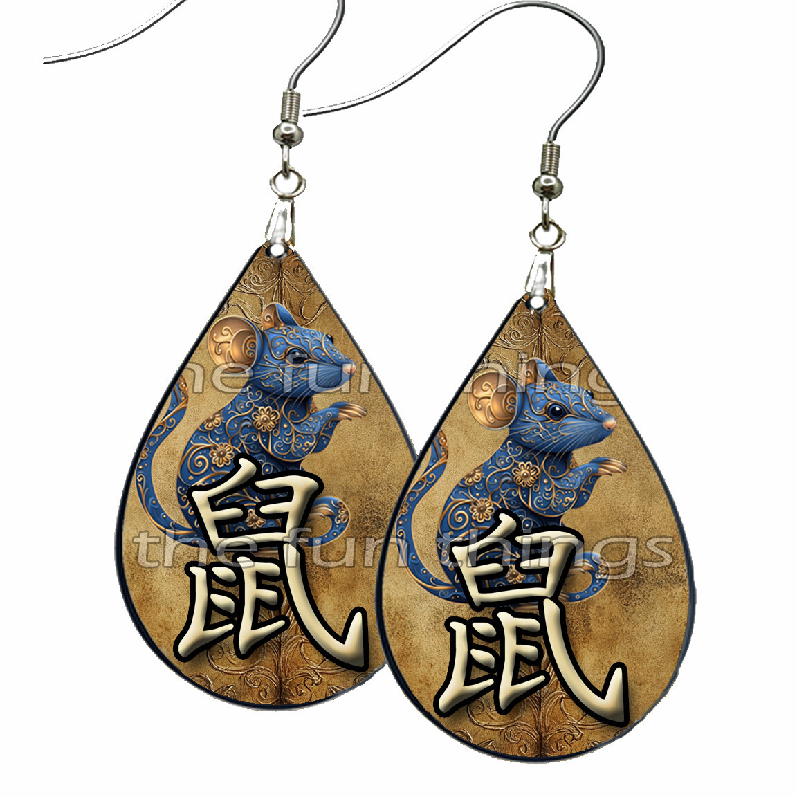 Chinese Year of the Rat Earrings Dangle Teardrop NO TARNISH Wood Zodiac Animals