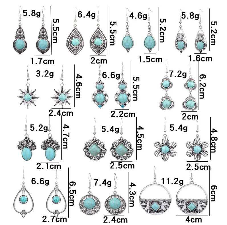 925 Silver Plated Retro Turquoise Drop Earrings Water-Inspired Jewelry 5.5 CM