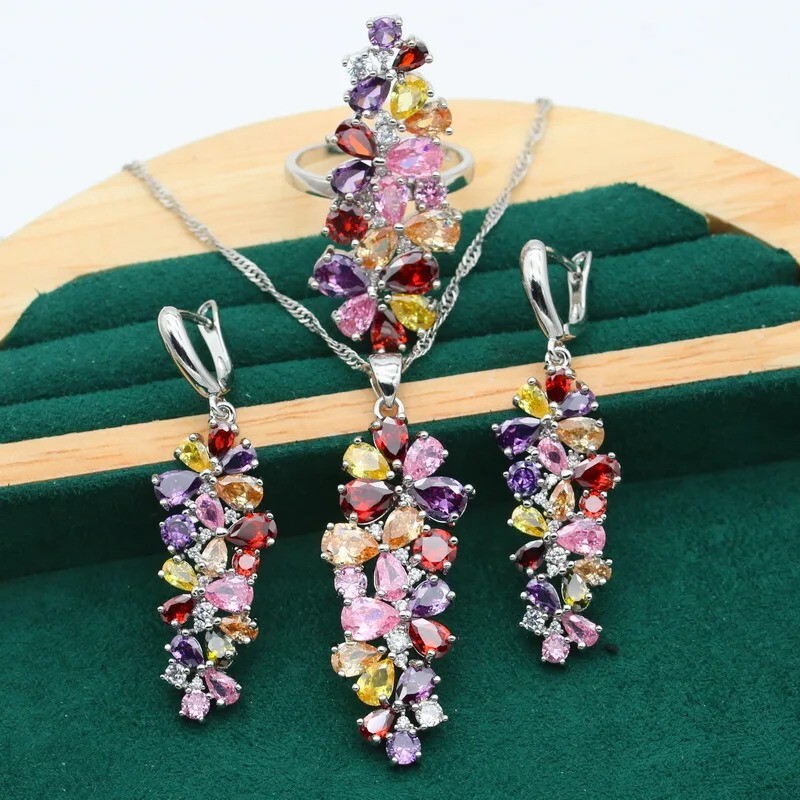 925 Sterling Silver CZ Tourmaline Long Ring Earrings Pendant Necklace Gift