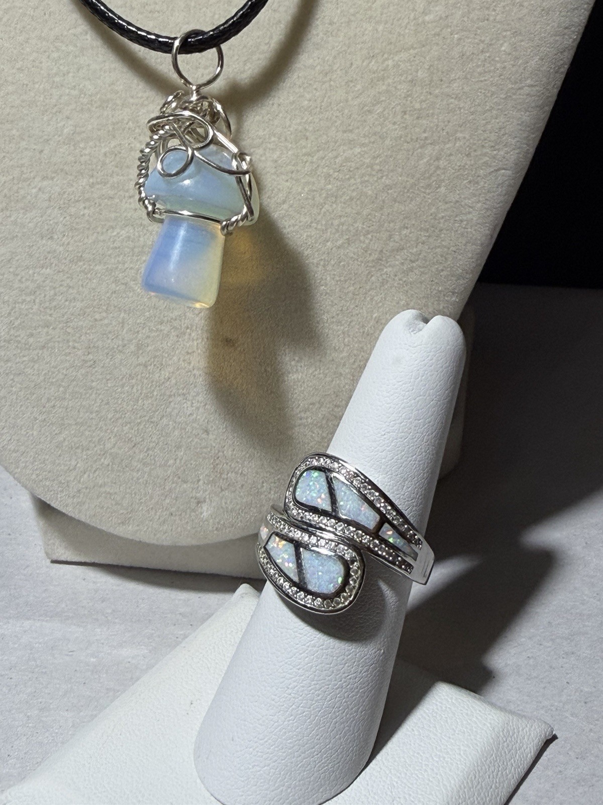 Wire Wrapped Opalite Mushroom Necklace & Inlaid White Fire Opal Bypass Ring Set