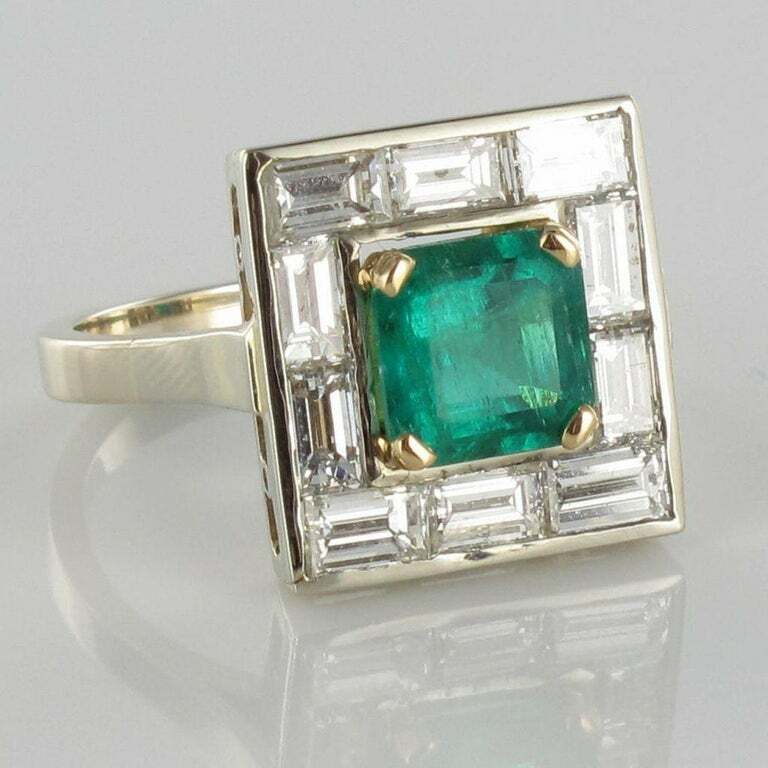 Claw Set Square 1.62CT Emerald Surrounded By Ten Baguette Cut 1.96CT CZ Ring