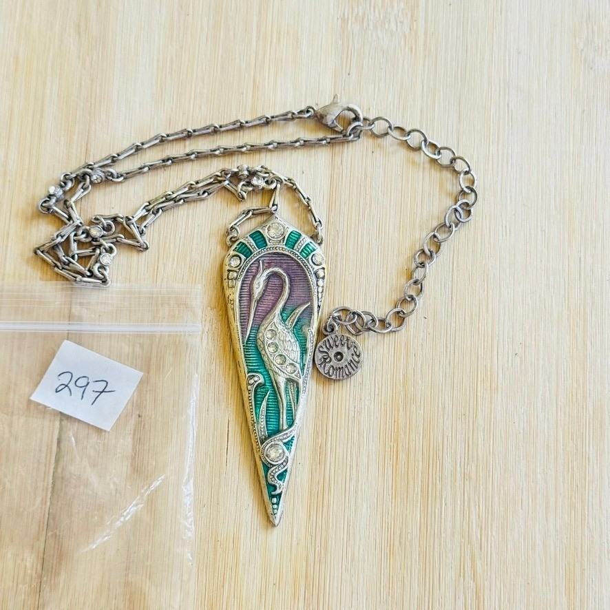 Sweet Romance USA Enamel Egret Art Nouveau Necklace Silver Enamel Rhinestone 22″