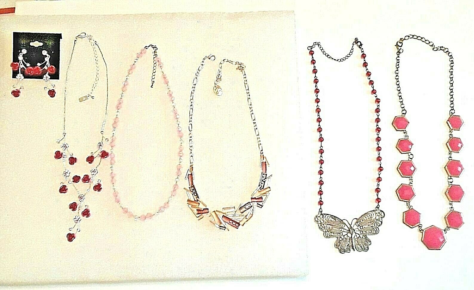 Necklace + earrings pink stones & roses, butterfly pendant, red beads and more