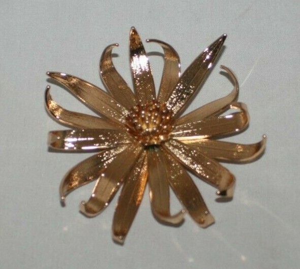 Gold Tone Flower Pin Brooch 3.75 Inches