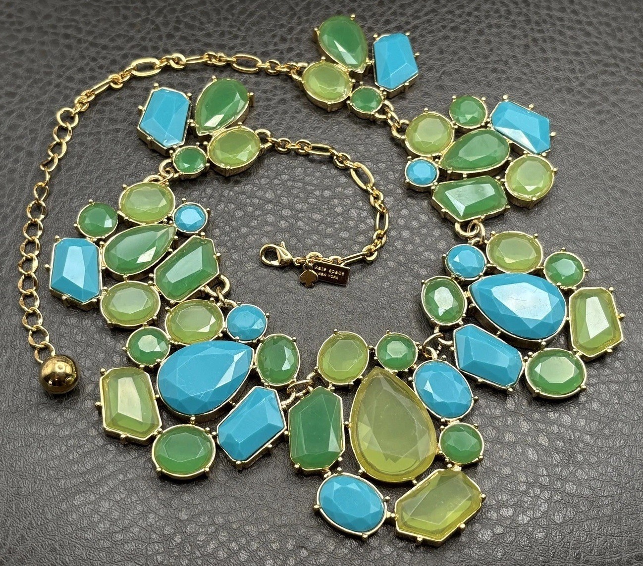 Kate Spade New York Gold Tone Green Blue Faceted Statement Chunky Bib Necklace