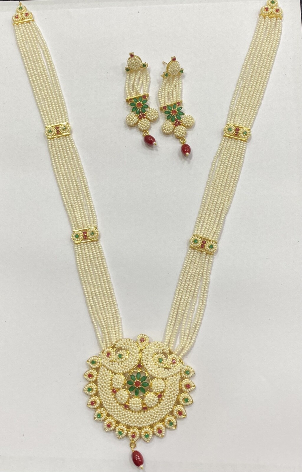 Indian Ruby Emerald Pearl Necklace Set Bridal Jewelry long Wedding Party Wear