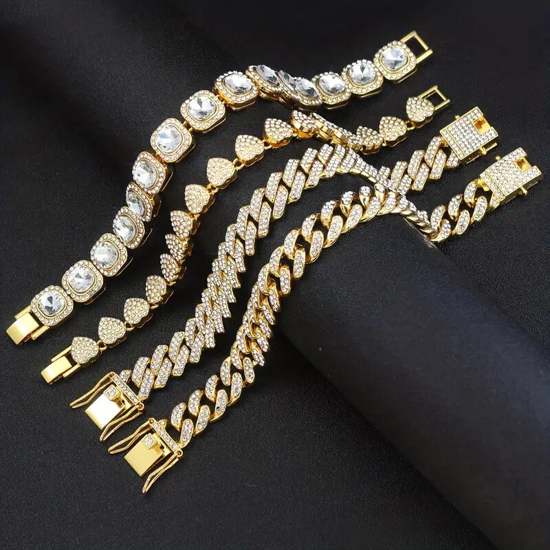 4pcs Bracelet Set Iced Tennis Heart Cuban Chain Bling Women Men Cubic Zirconia