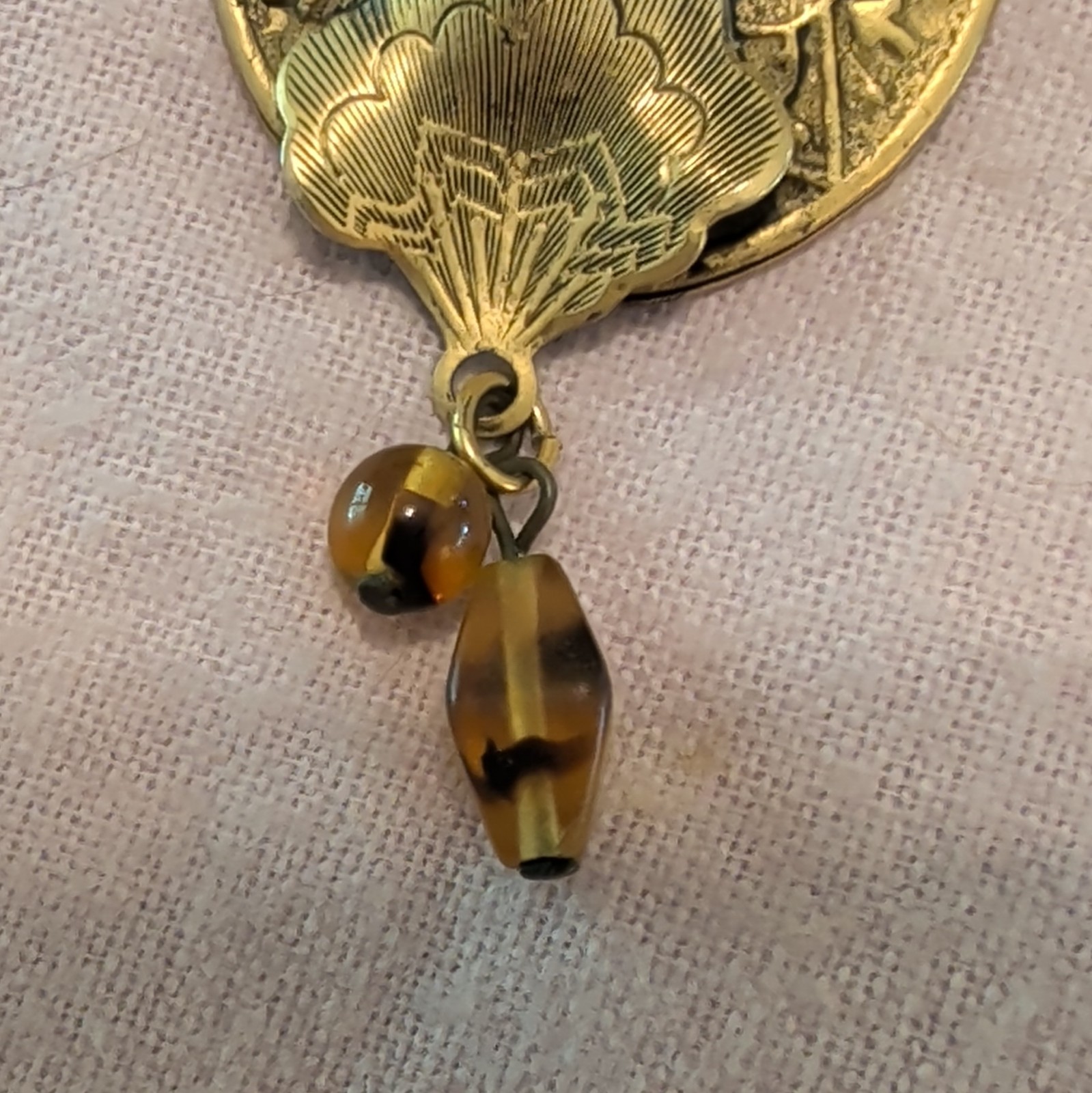 Brass Statement, Dual Layer, Geometric And Botanical, W/ Dangling Tiger Eye