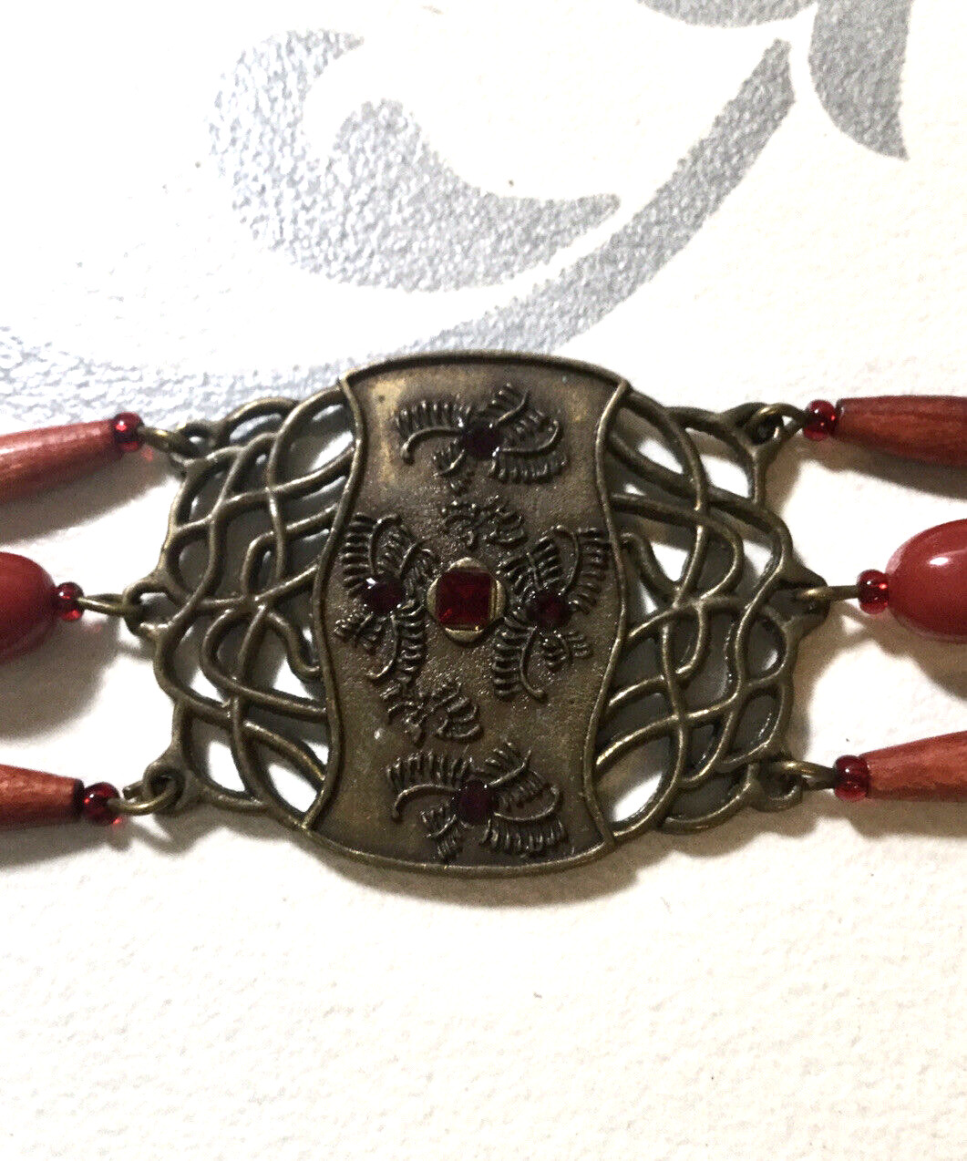 Womens Red Wood Bead Bracelet Alloy Centerpiece Crystals Bronze Tone Boho Chic