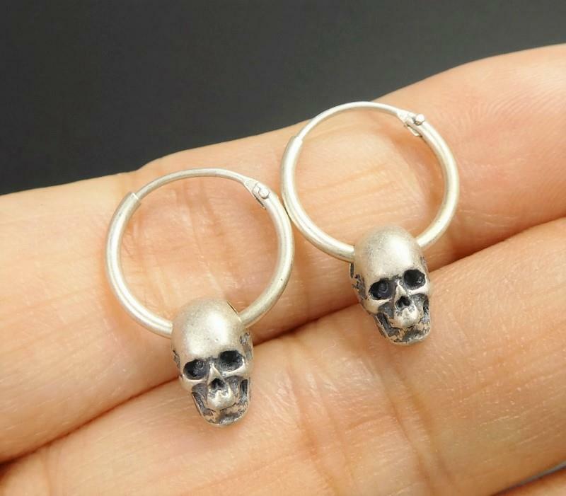 Tiny Small Matte 925 Sterling Silver Skull on Hoop Pierced Earrings Lightweight