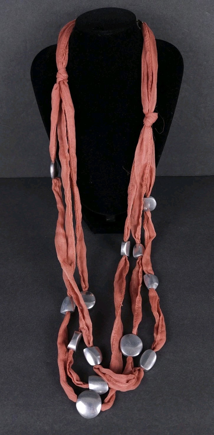 33″ Salmon Pink Silk Sari Ribbon Silvertone Beaded 3-Strand Necklace