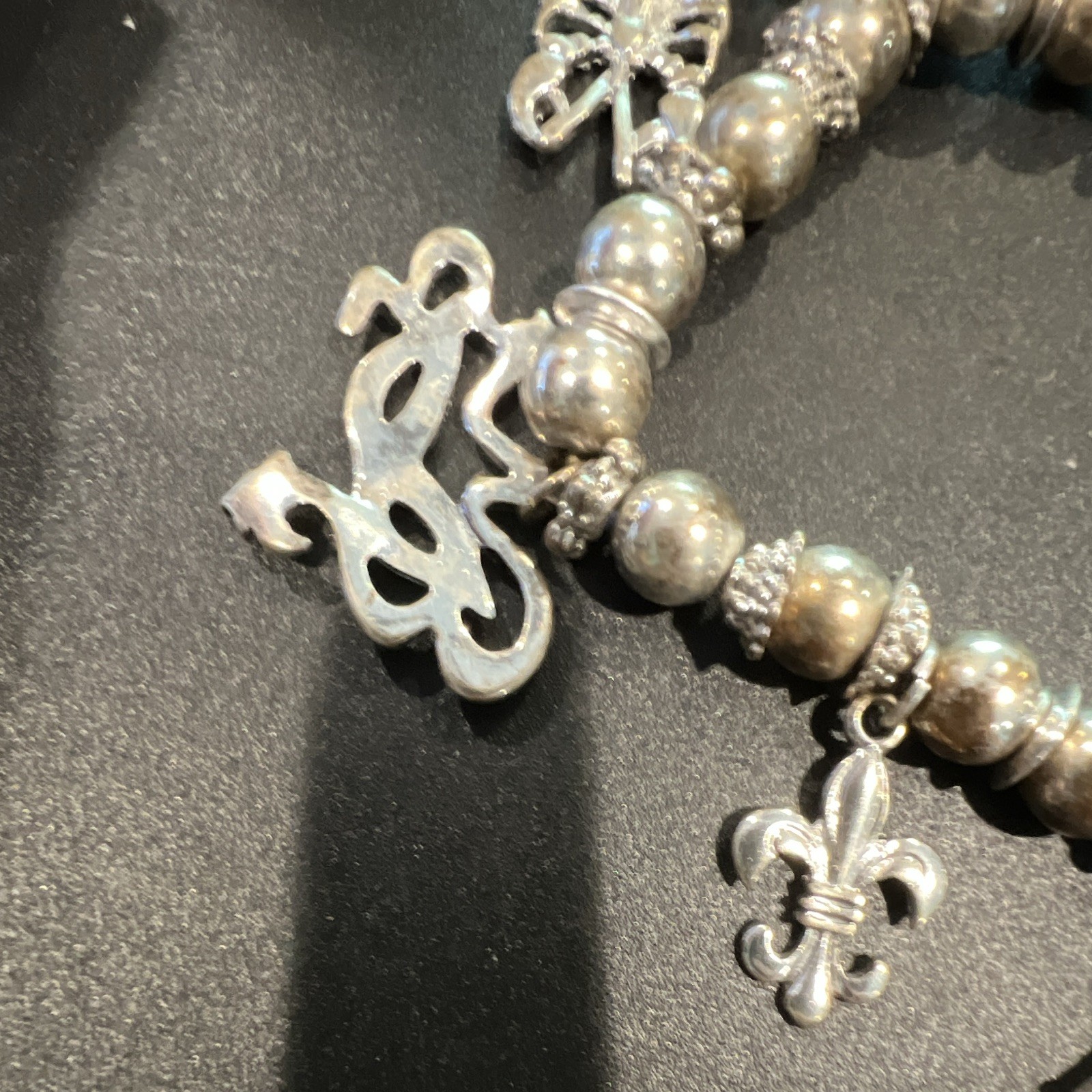 Silver Tone Metal Beaded Ball Charm Bracelet with Fleur-de-Lis Dangle Charms