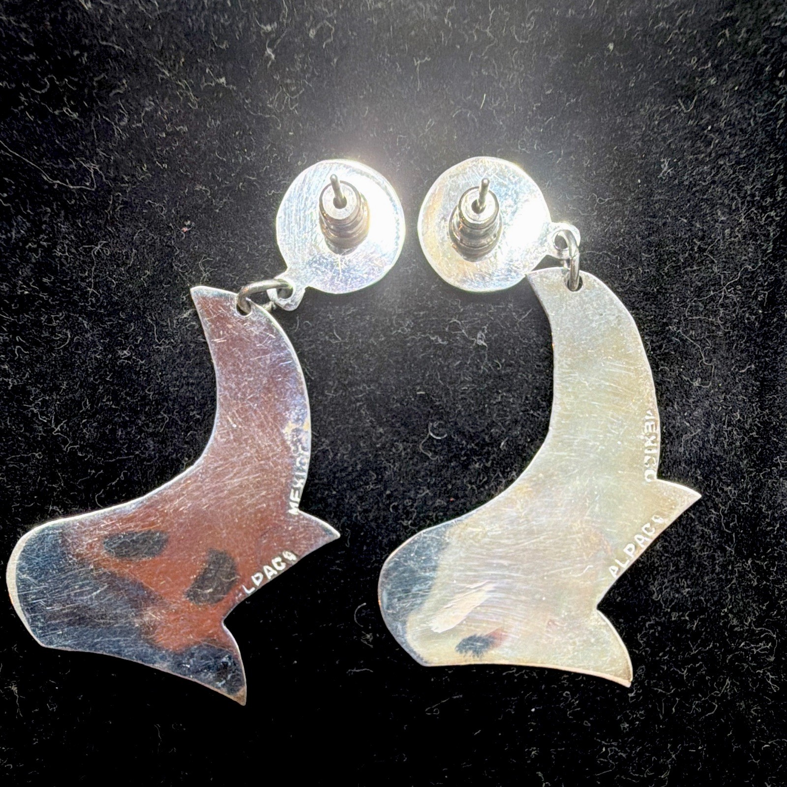 Mexican Alpaca Silver Ivory Enamel Abstract Dangle/Drop Earrings