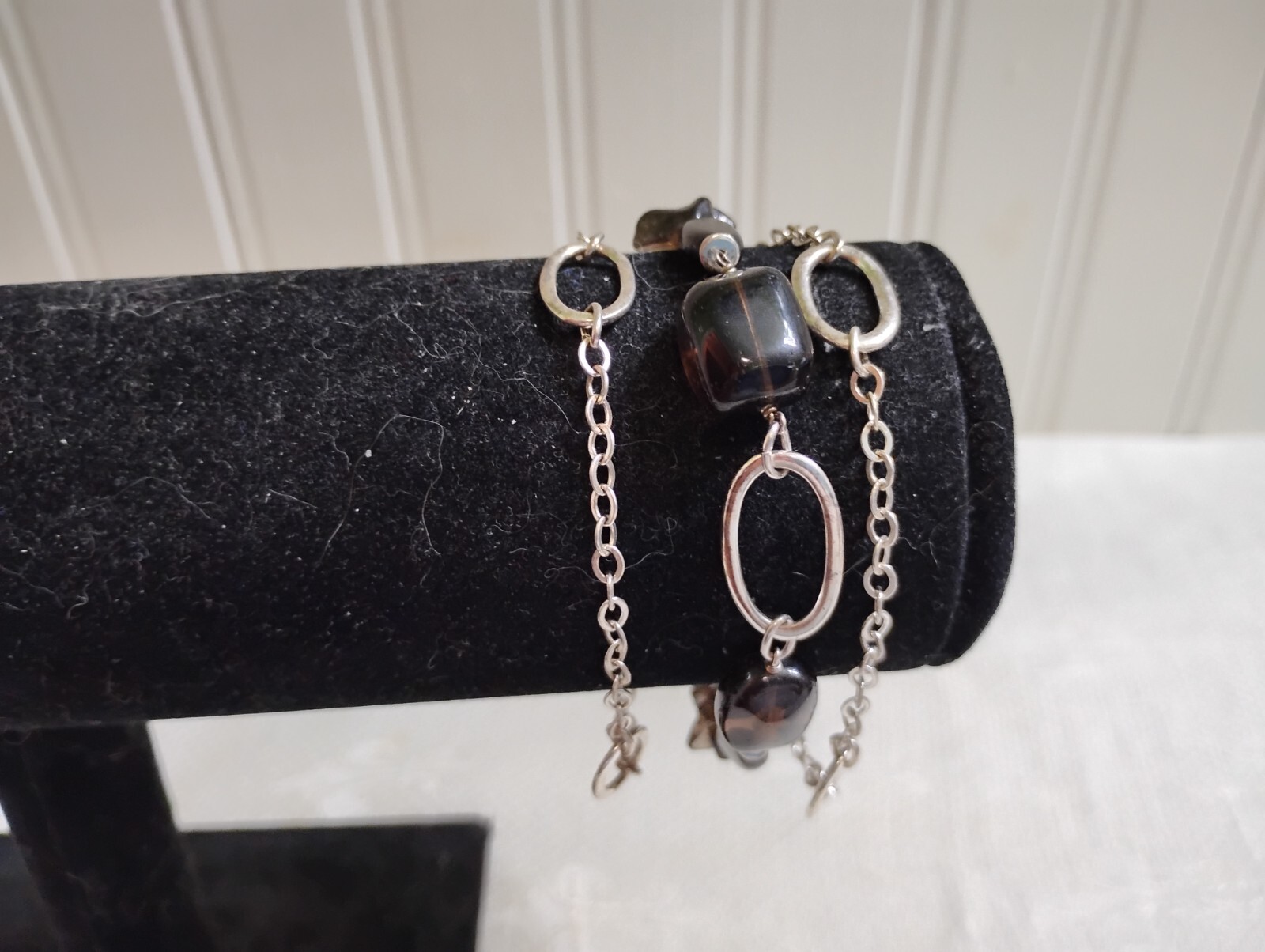 MWS Sri Lanka 925 Sterling Silver 3 Strand Black Glass Bead 8.5″ Bracelet
