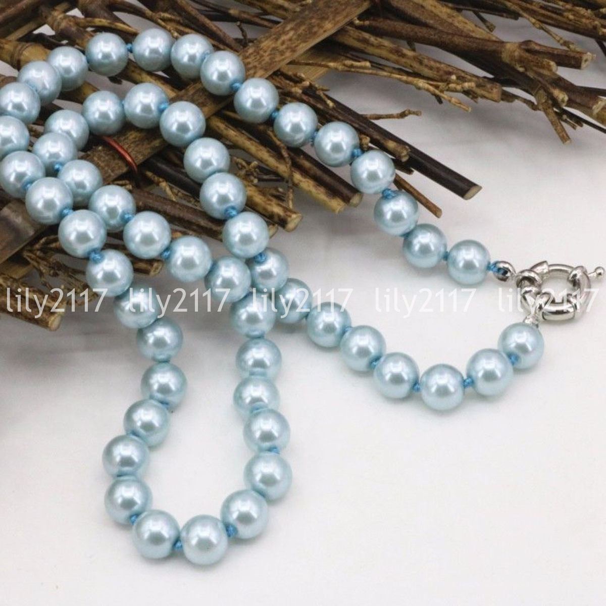 Fashion 8/10mm Light blue Akoya Shell Pearl Round Necklaces 16/18/22/25/36/50″