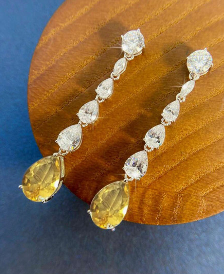 Long Yellow Oblong Rhinestone Earrings Clear Crystal Prom Pageant 2.5 ” Drop