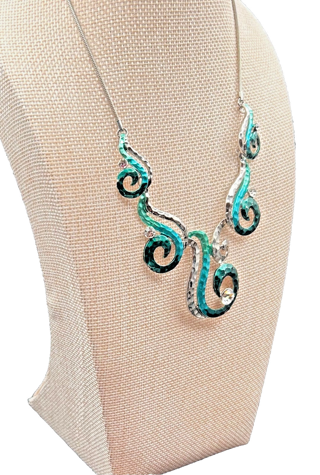 Silver Tone Statement Bib Necklace Teal Aqua Swirl Hammered Metal Rhinestone 18″