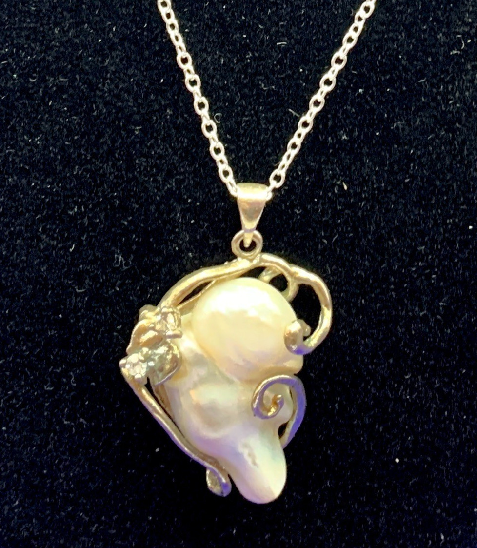 Blister Pearl Pendant CZ on Sterling Silver Chain Artisan Crafted 21″