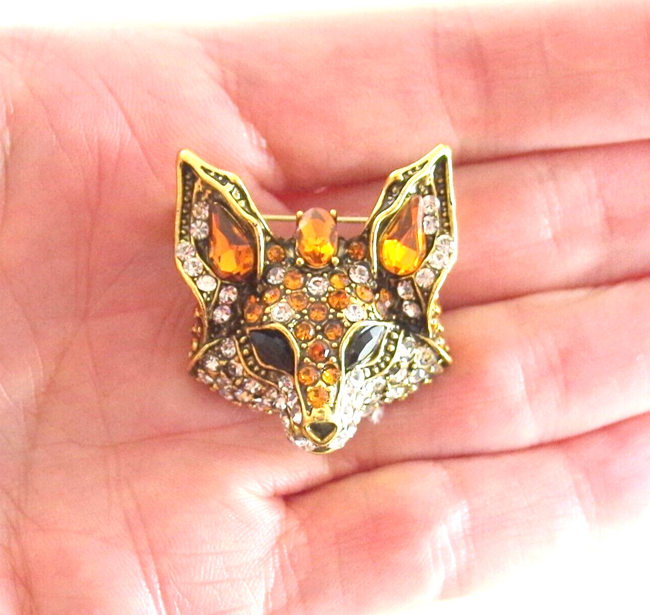 MINI 1 1/8″ NWOT DESIGNER STYLE DIMENSIONAL CRYSTAL RHINESTONE FOX HEAD BROOCH