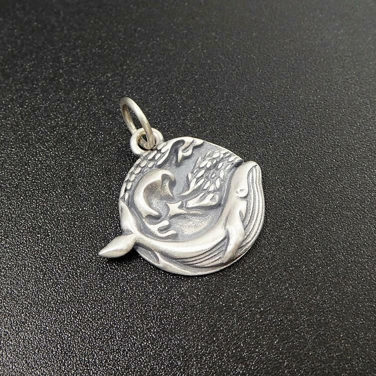 Handmade Sterling Silver Whale in Ocean Wave Small Round Charm Pendant Unique
