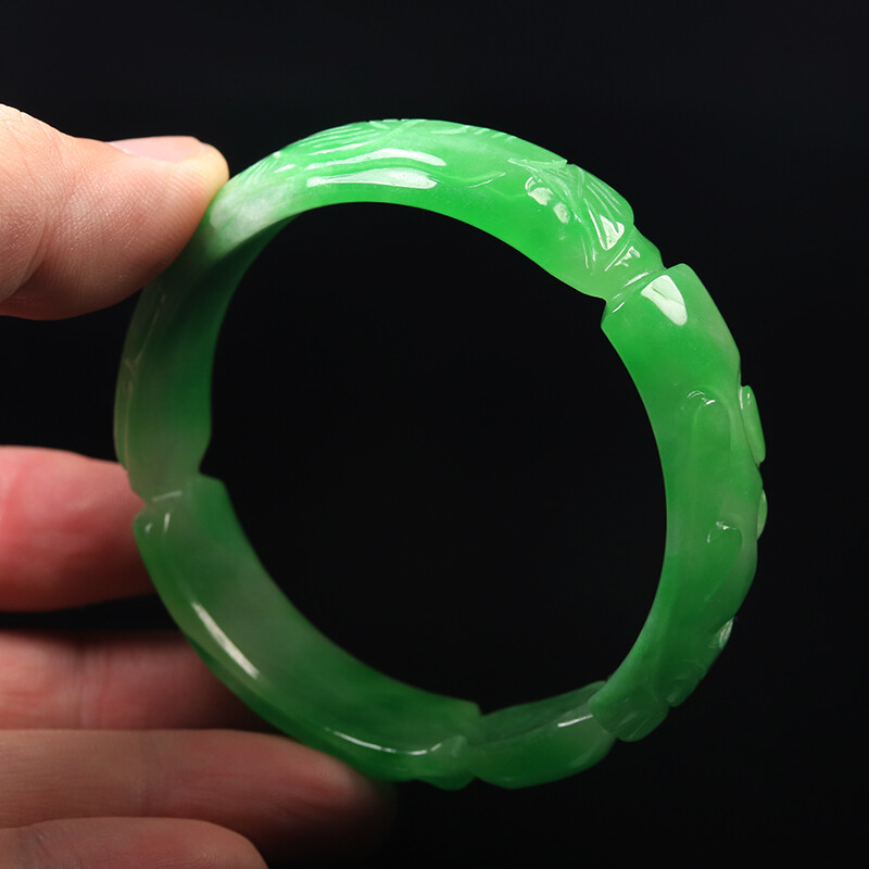 59mm Emerald Green Jadeite Jade Bangle Bracelet Hand-carved Dragon Phoenix 11991