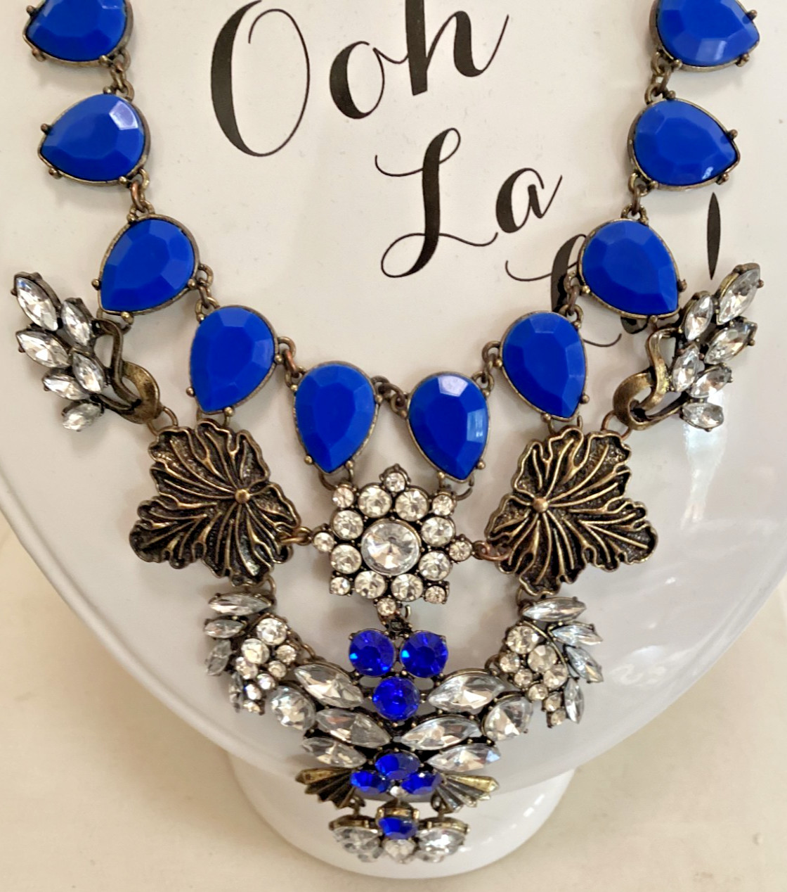 Spring Street Blue and Clear Rhinestone and Antiqued Brass Statement Necklace