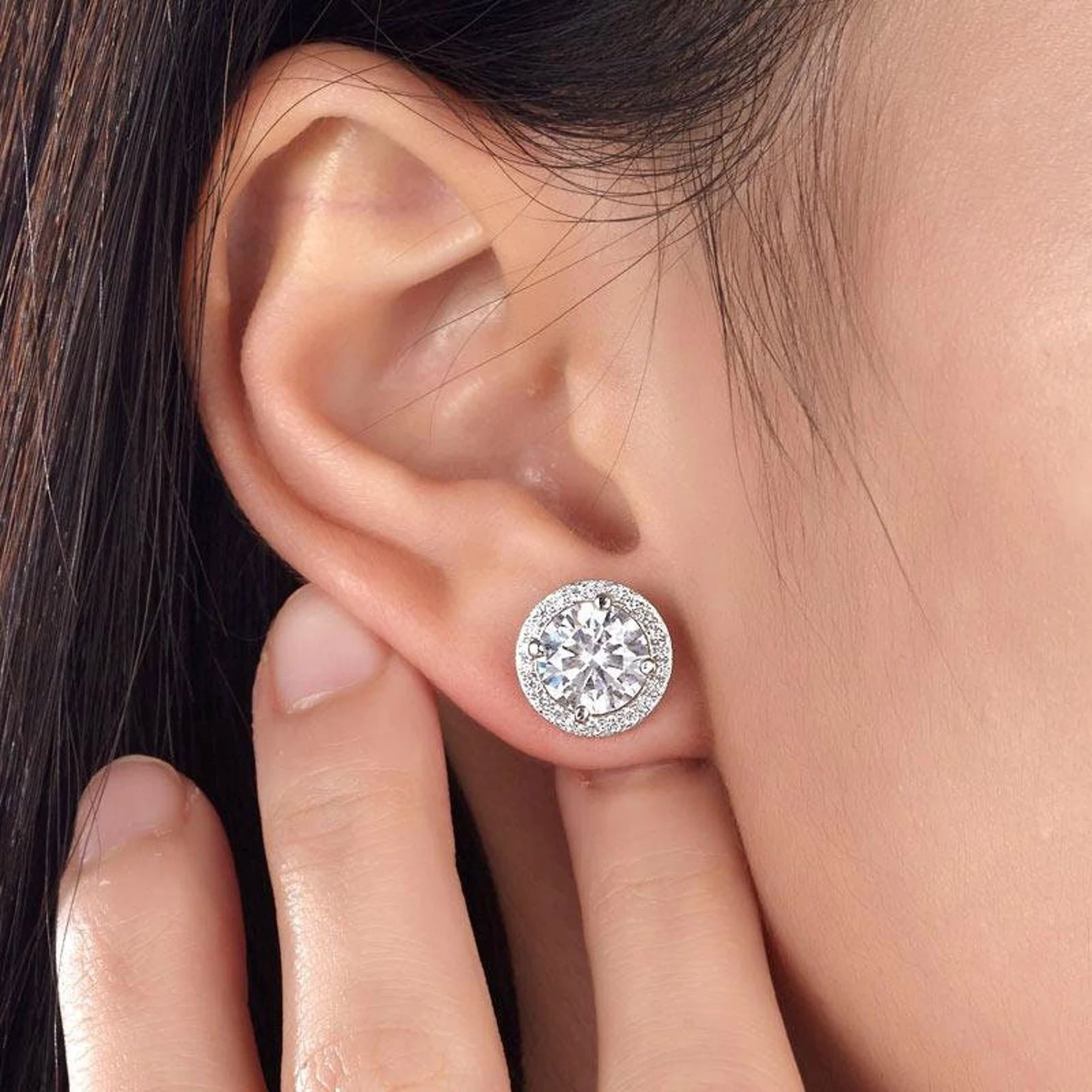 925 Sterling Silver Round Square Cubic Zirconia Halo Stud Earrings 2 Pair Set