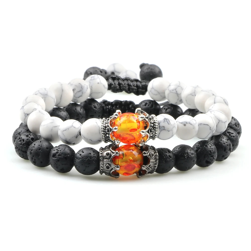 Handmade Adjustable Braided Bracelet Black Lava Stone Crown Tiger Eye Beads