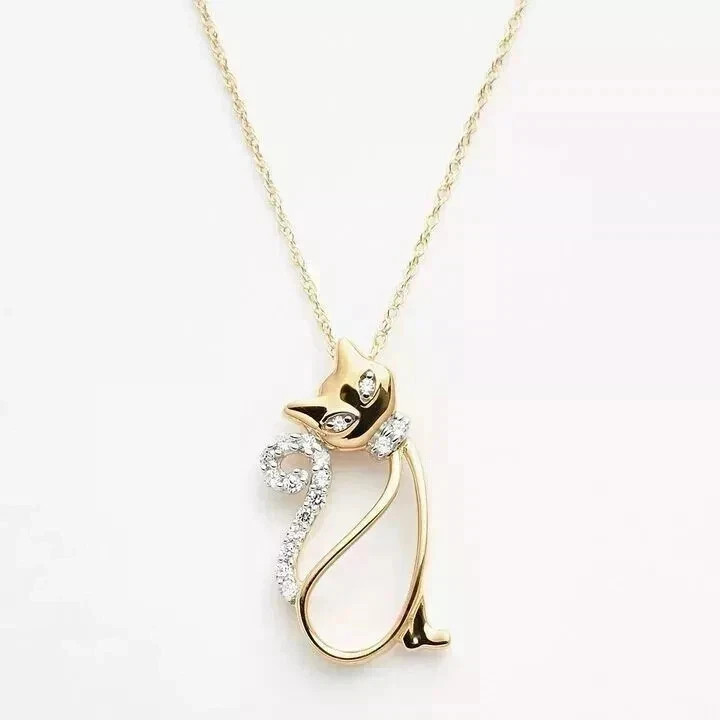 Lovely Cat Shape Pendant 14K Yellow Gold Plated 1Ct Round Cut Simulated Diamond