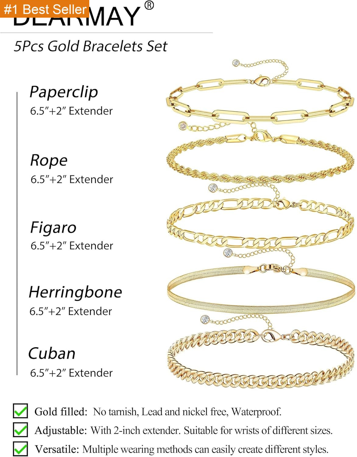 Dearmay Gold Bracelets for Women Waterproof, 14K Gold Plated Minimalist Bracelet