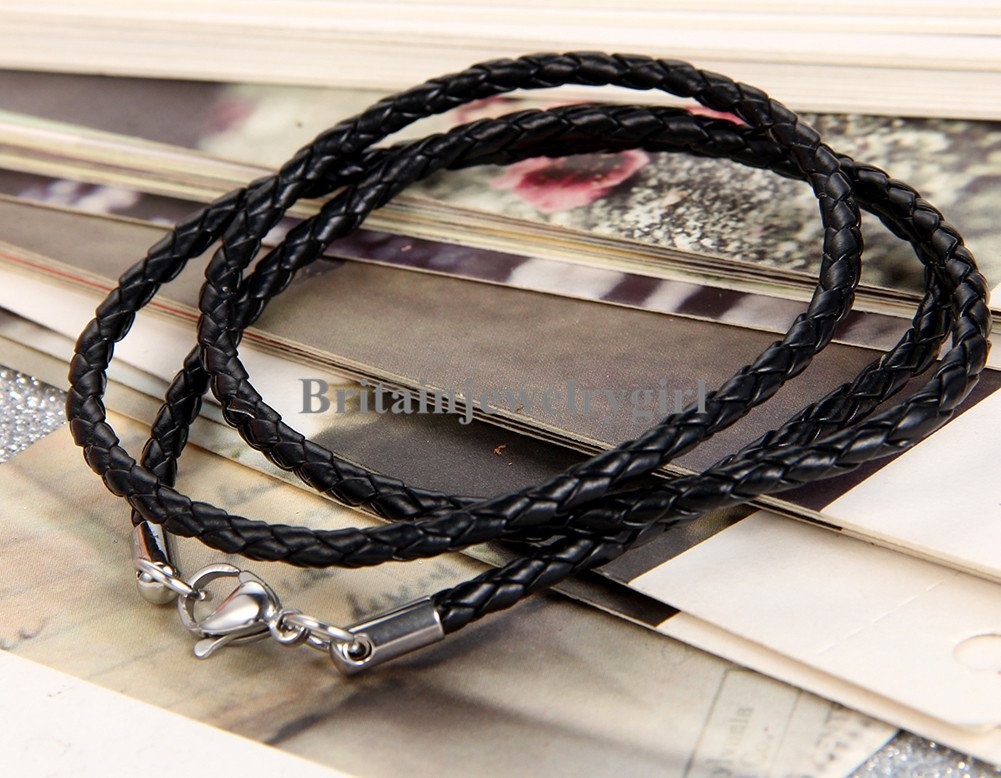 22″ Unisex Black Leather Twisted Braided Rope Cord Necklace for Men Women*2MM