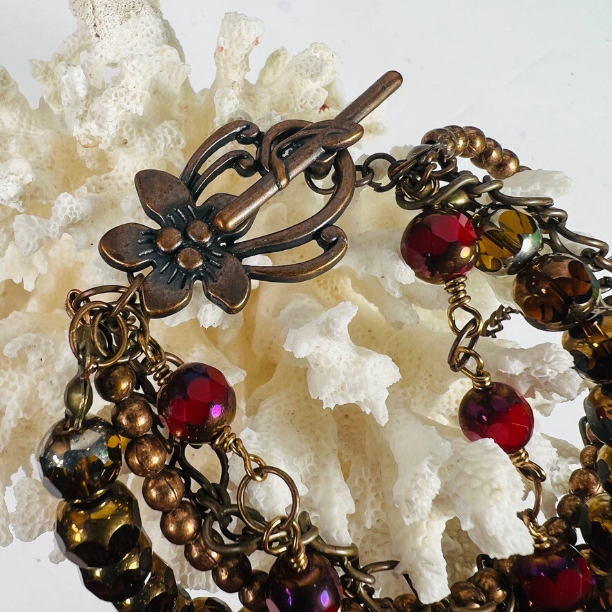 Crystal Antique Copper Red Bracelet 5 Strand Flower Fastener Handmade
