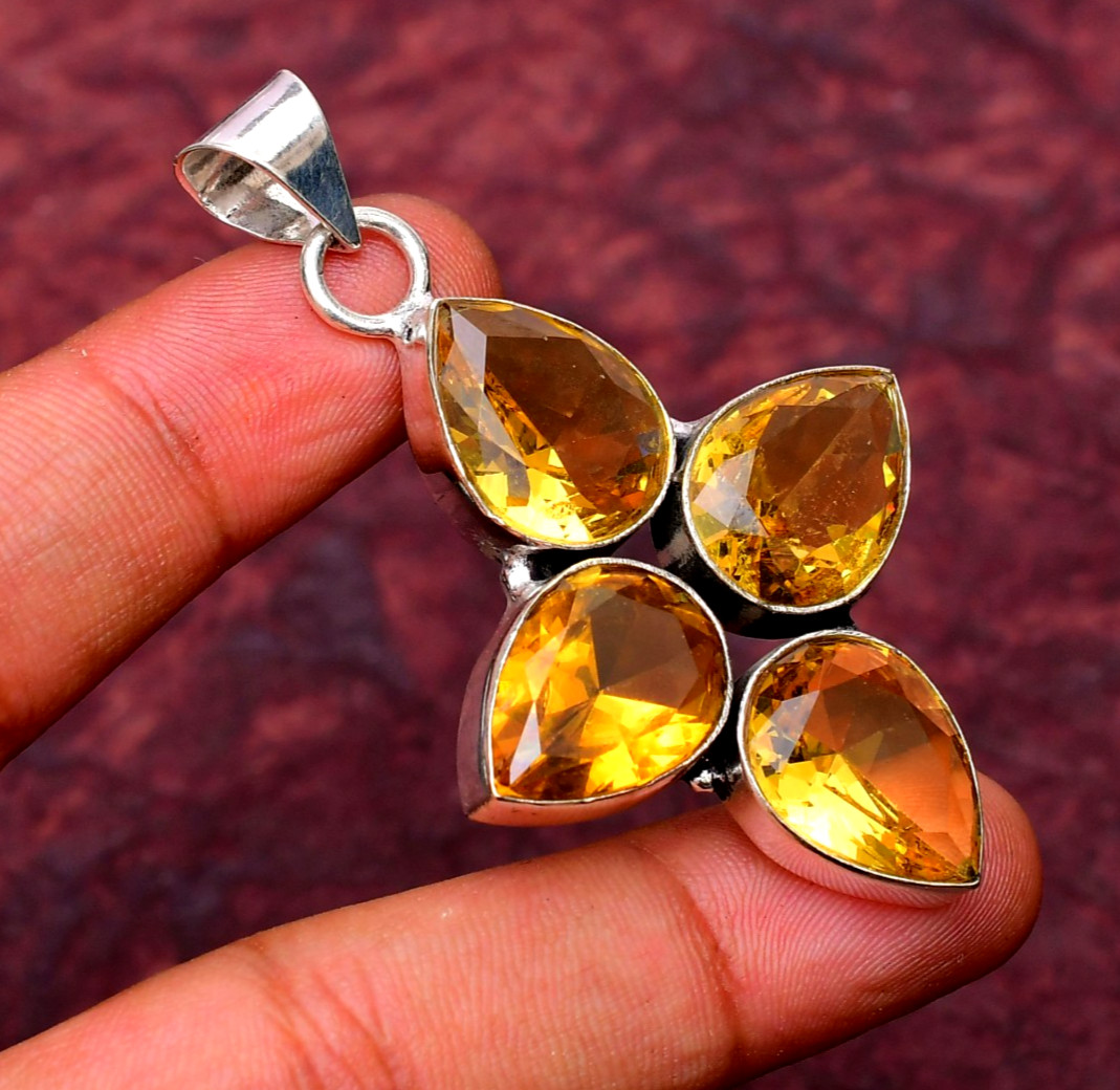 Citrine Gemstone 925 sterling silver Handmade Cross Pendant jewelry 2.28″