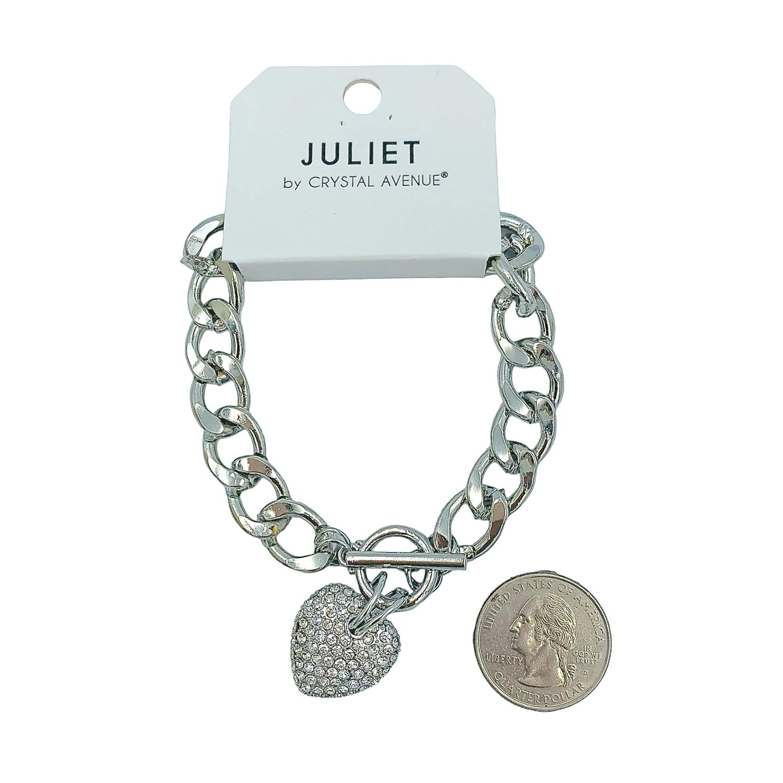 Puffy Pave Crystal Heart Toggle Bracelet in Silver or Gold (0.7×0.7in)(8.5in)