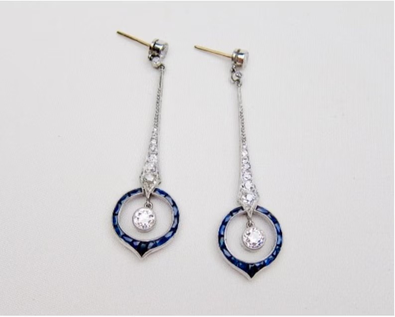 Art Deco Style Round Simulated Diamond & Sapphire Earring 14K White Gold Plated